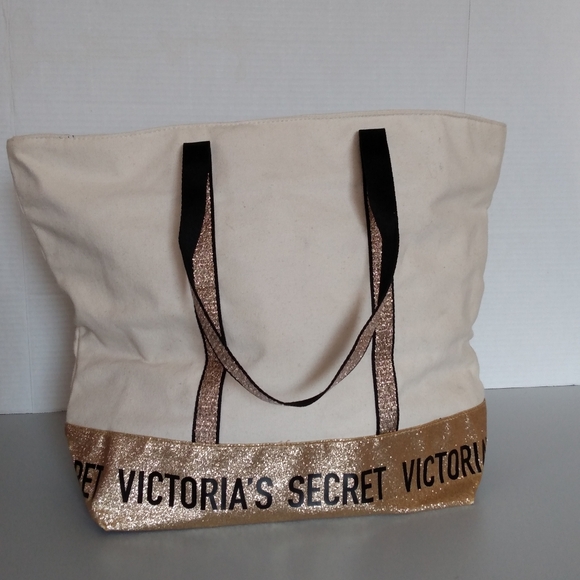 Victoria Secret Gold Glitter Canvas Bag - Picture 2 of 13